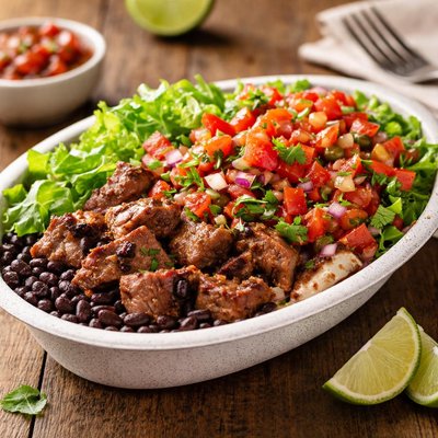 Chipolte bowl steak no rice black beans lettuce tomatos salsa