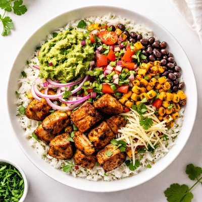 Chipotle burrito bowl with guac white rice chicken al pastor beans
