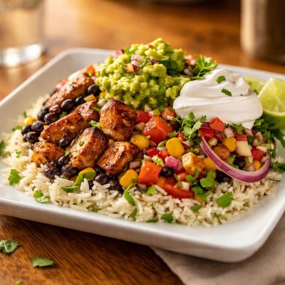 Chipotle chicken burrito bowl with guacamole and sour cream