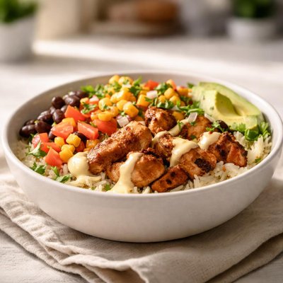 Chipotle chicken rice and queso bowl