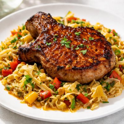 Chipotle pork chop with cabbage and bell pepper fondue