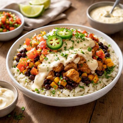 Chipotle rice bowl with queso