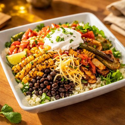 辣椒碗配蔬菜酸奶油和奶酪和玉米