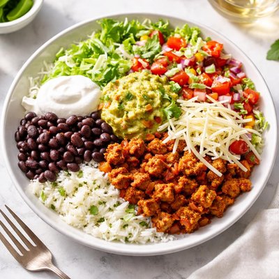 Chipotle soffrito burrito bowl with cheese guac and sour cream