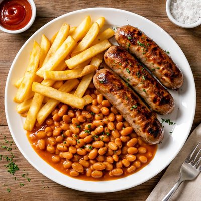 Chips sausages and baked beans