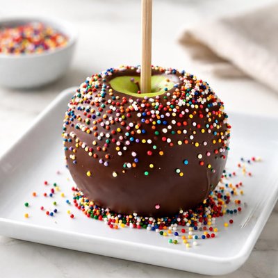 Chocolate-covered apple with sprinkles