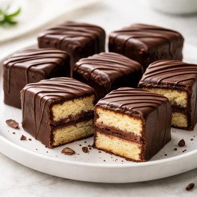 Chocolate-covered cake pieces