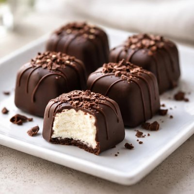 Chocolate-covered vanilla ice cream bite