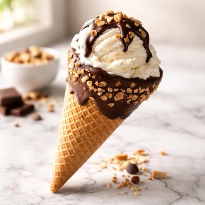 Chocolate-dipped cone with ice cream