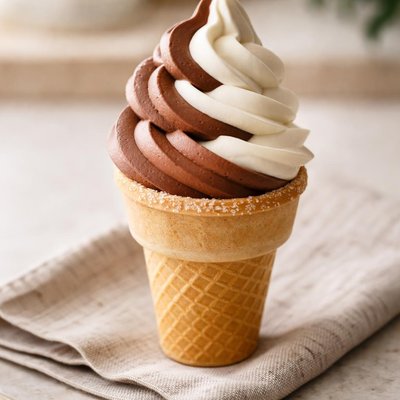 Chocolate and vanilla soft serve ice cream cone