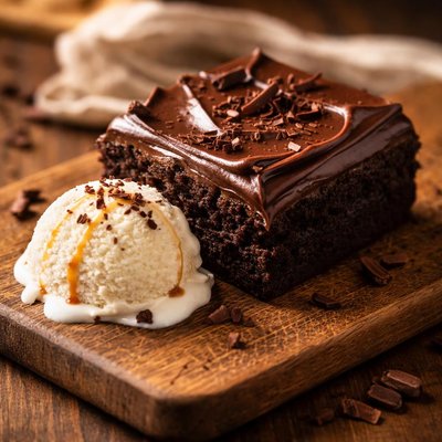 Chocolate brownie with frosting and vanilla ice cream
