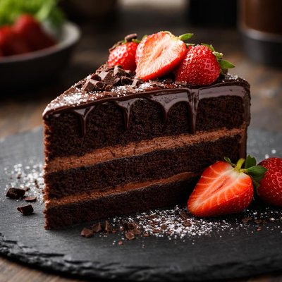 Chocolate cake slice with strawberries
