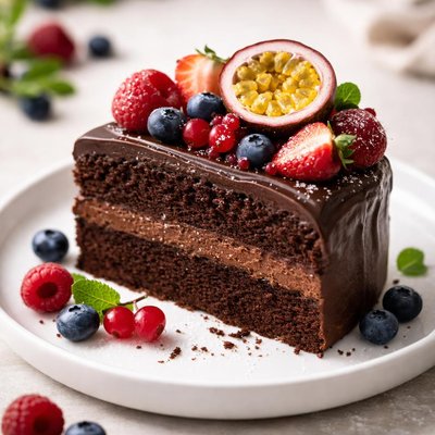 Chocolate cake with berries and passion fruit
