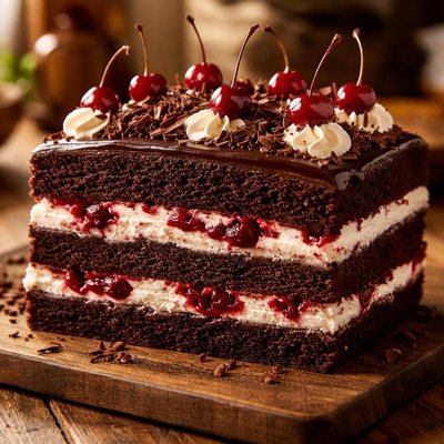 Chocolate cake with cream and cherry filling