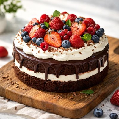 Chocolate cake with cream and fruit topping
