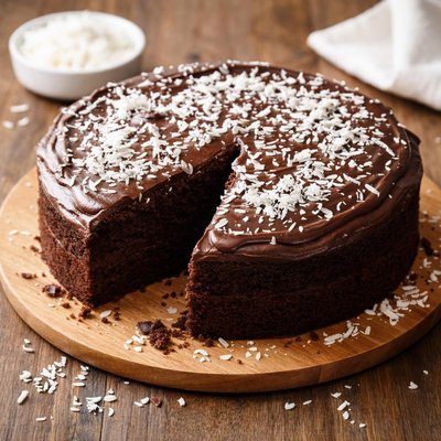Chocolate cake with frosting and coconut flakes
