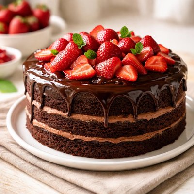 Chocolate cake with strawberry topping