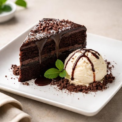 Chocolate cake with vanilla ice cream