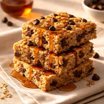 Chocolate chip flapjack with maple syrup