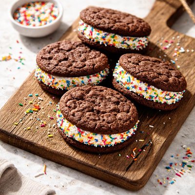 Chocolate cookie with cream and sprinkles