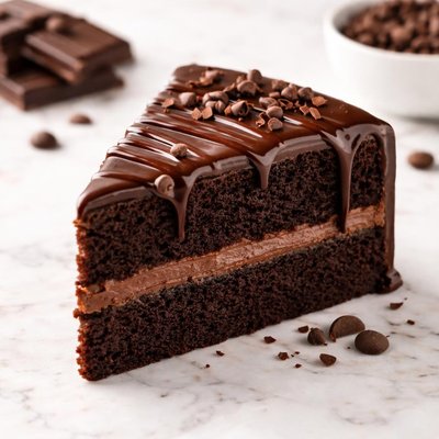 Chocolate covered cake slice