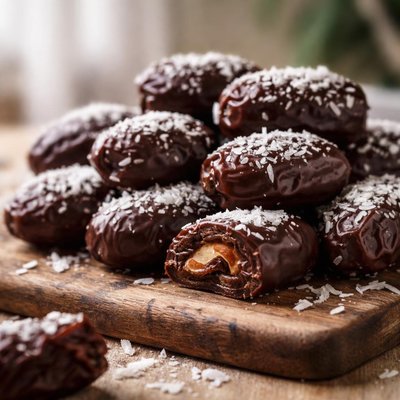 Chocolate covered date with coconut flakes