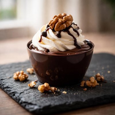 Chocolate cup with cream and walnut
