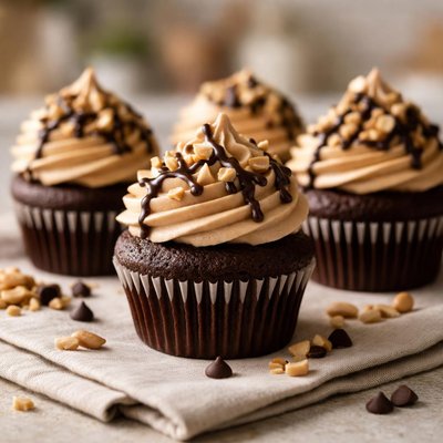 Chocolate cupcakes with peanut butter frosting