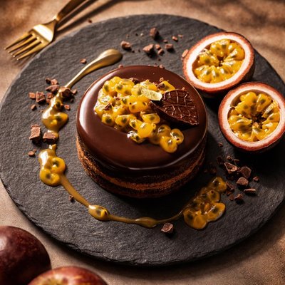 Chocolate dessert with passion fruit