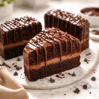 Chocolate drizzled cake slices