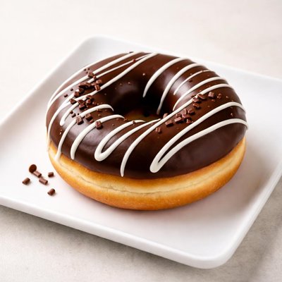 Chocolate frosted donut with white drizzle
