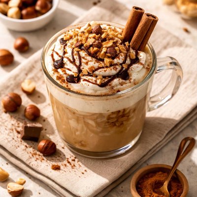 Chocolate hazelnut cinnamon espresso oatmilk latte