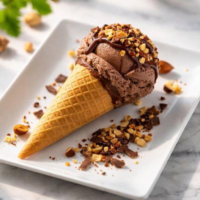 Chocolate ice cream cone with nuts