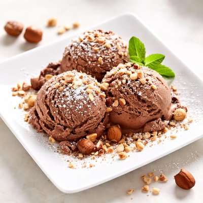 Chocolate ice cream with nuts and powdered sugar