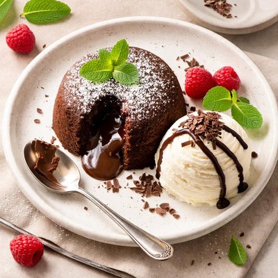 Chocolate lava cake with vanilla ice cream