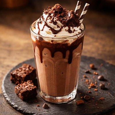 Chocolate milkshake with whipped cream and brownie