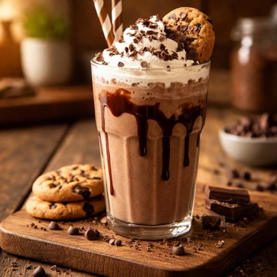 Chocolate milkshake with whipped cream and cookie