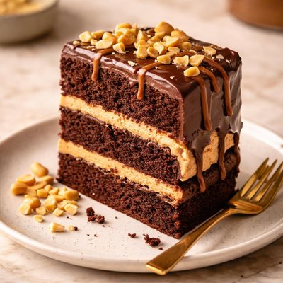 Chocolate peanut butter layer cake slice