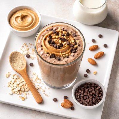 Chocolate peanut butter protein smoothie with almond milk
