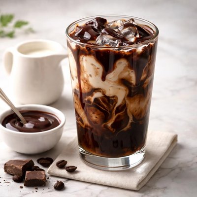 Chocolate sauce americano with half and half