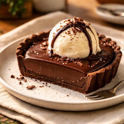 Chocolate tart with vanilla ice cream