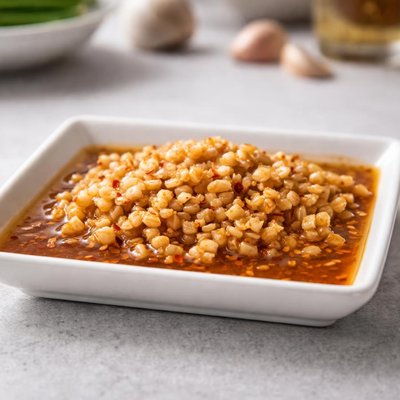 Chopped garlic in sauce