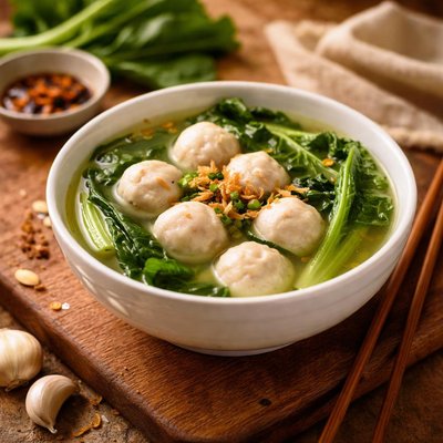 Choy sum and fishball soup
