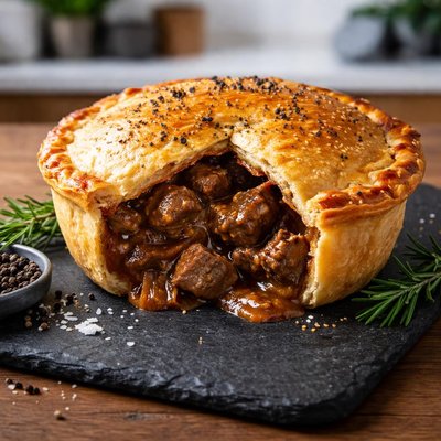 Chunky peppered steak meat pie