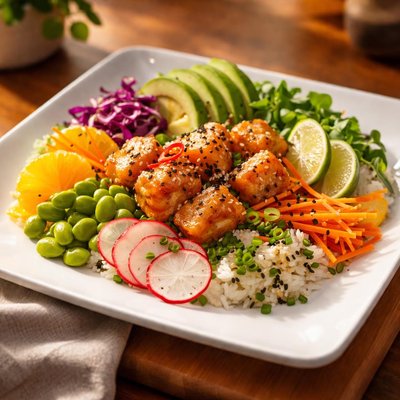 Citrus and miso salmon poke bowl