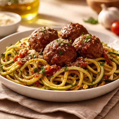 Classic zucchini noodles with beef meatball