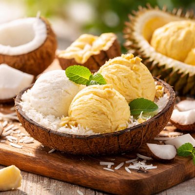 Coconut and durian ice cream dessert