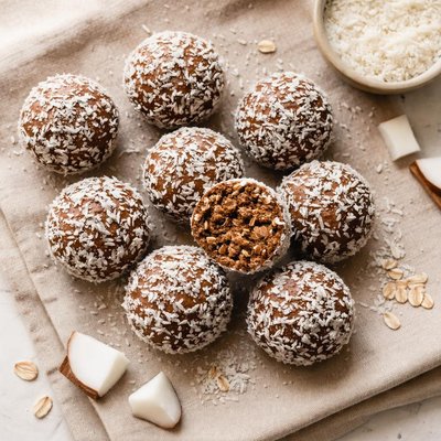 Coconut covered chocolate protein ball