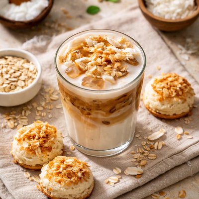 Coconut macaron oat milk latte