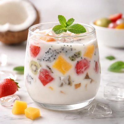 Coconut milk with ice and fruit pieces